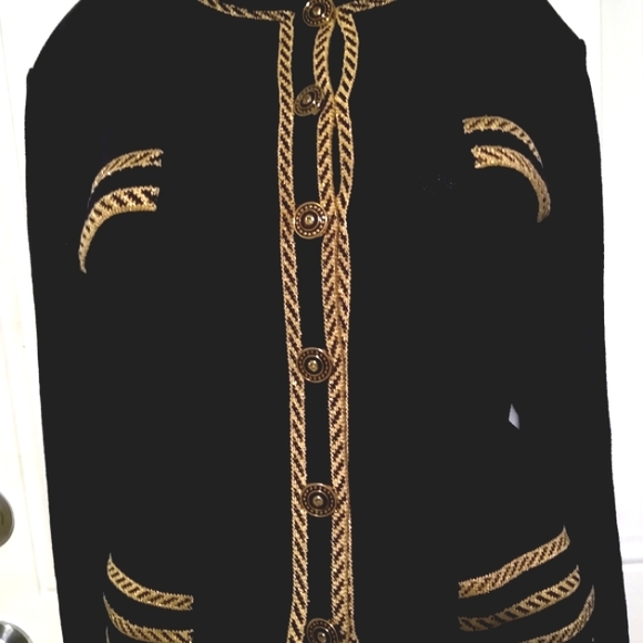 ST JOHN COLLECTIONS SZ 6 SANTANA KNIT BLACK & METALLIC TAN LOGO BUTTONS JACKET - Picture 9 of 13